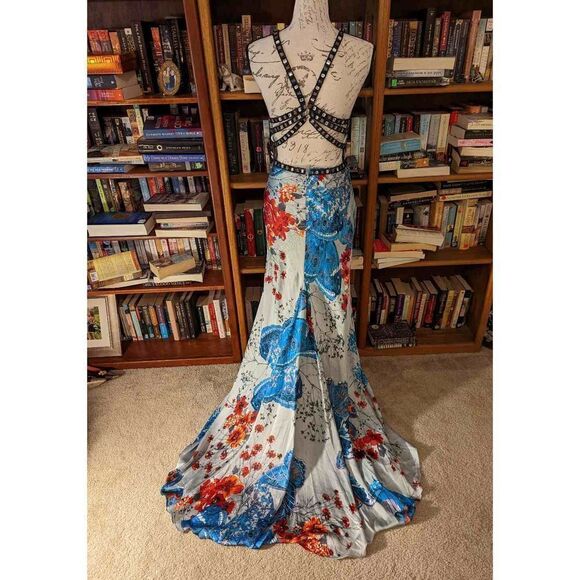 CHICAS butterfly print satin evening gown beaded strappy back kick train sz s nw - Picture 2 of 6